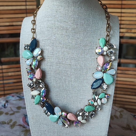 J. Crew Jewelry - J. Crew Rhinestone Opaque Gems Exquisite Pastel Navy Formal Necklace Gold Tone
